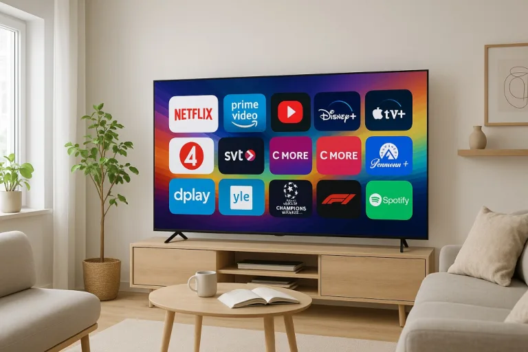 A person using a remote to browse a Nordic IPTV service on a smart TV in a modern Swedish living room.