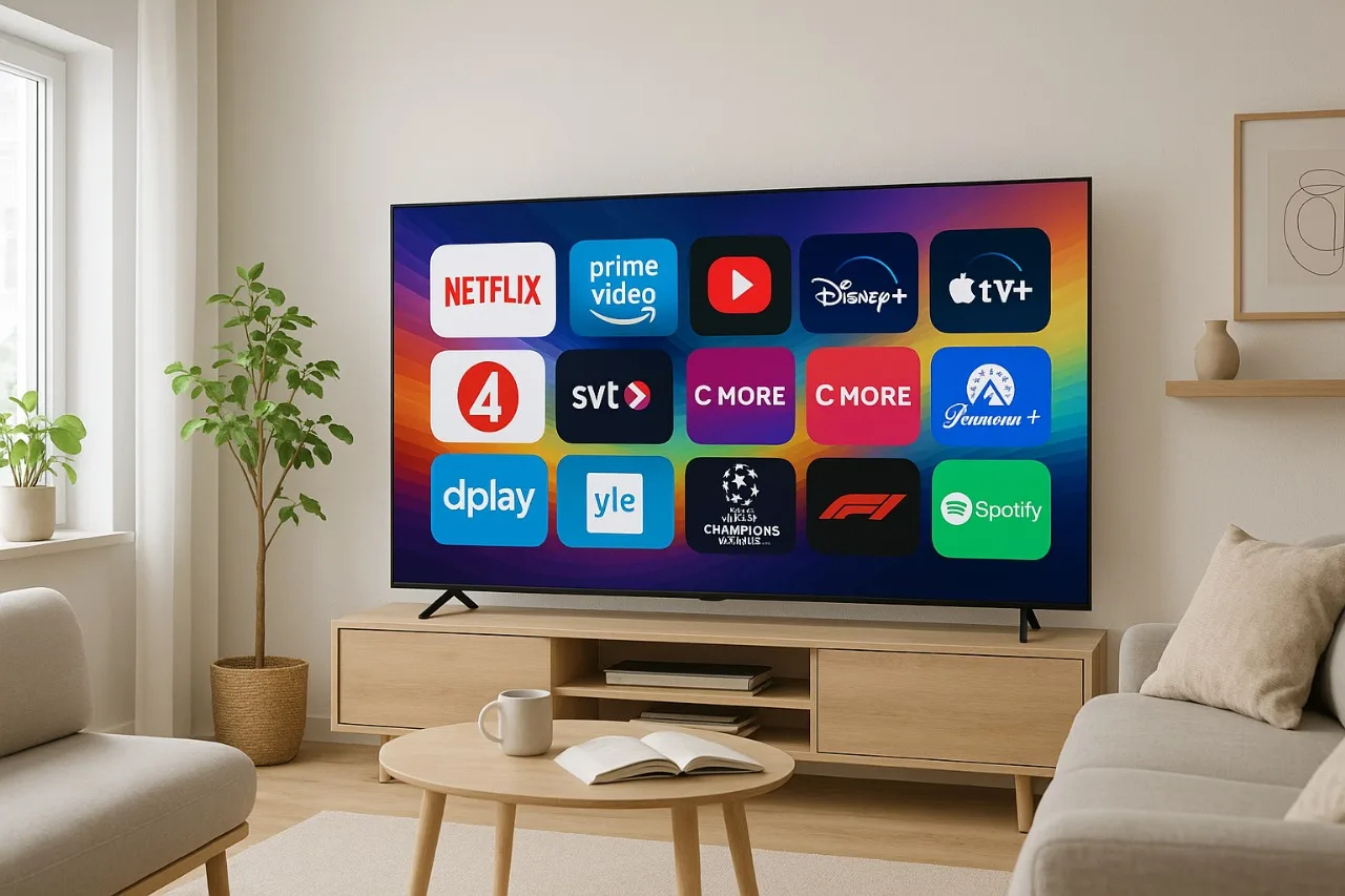 A person using a remote to browse a Nordic IPTV service on a smart TV in a modern Swedish living room.