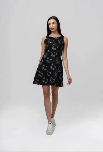 Charming Elegance: The Cat Pattern Black Dress by Spirit Leadz