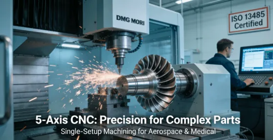 5-axis CNC machine machining a titanium turbine blade in an ISO 13485 certified facility, demonstrating high-precision manufacturing for aerospace components.