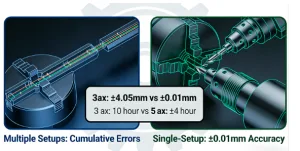 Technical diagram comparing the toolpaths and accuracy of 3-axis and 5-axis CNC machining processes, highlighting single-setup efficiency.