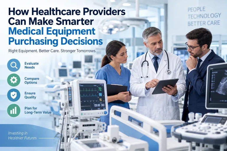 Healthcare professionals reviewing medical equipment purchasing options in a modern hospital setting.