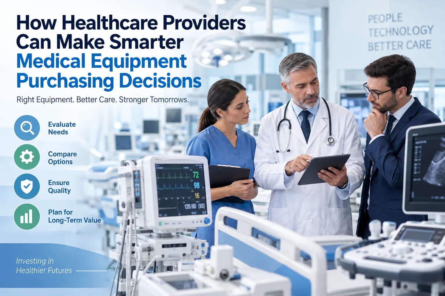 Healthcare professionals reviewing medical equipment purchasing options in a modern hospital setting.