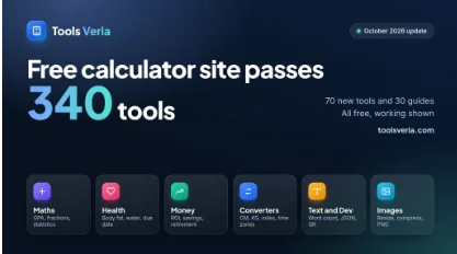 Free Calculator Site Tools Veria Passes 340 Tools With New Maths, Health and Converter Range