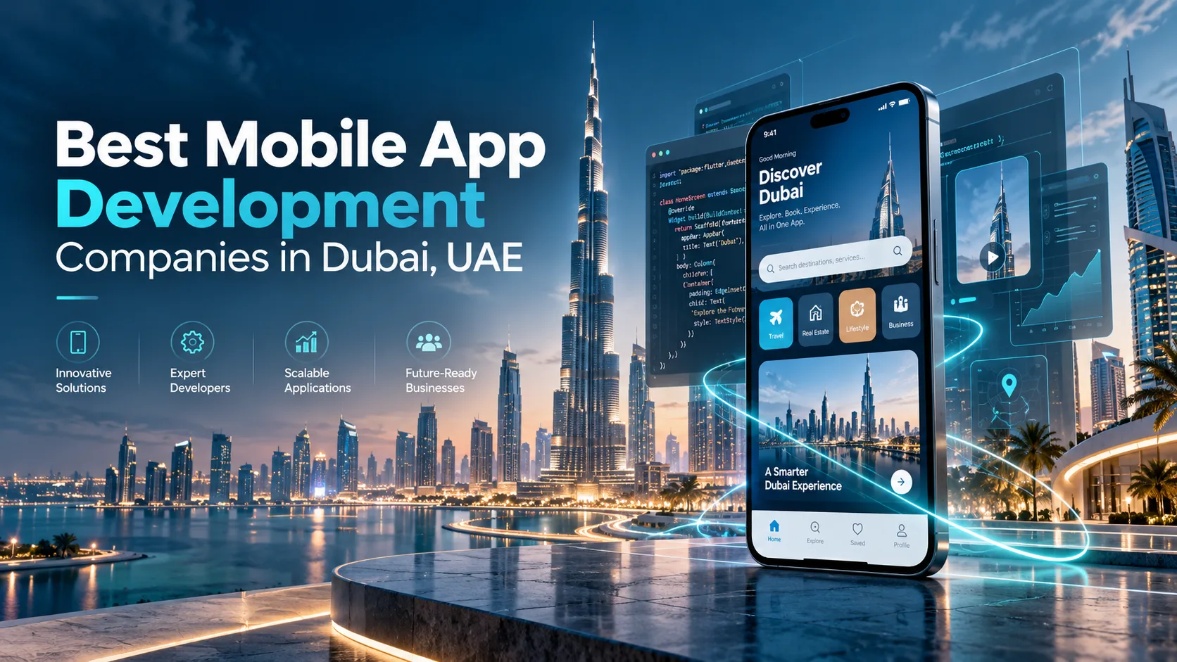 Top mobile app development companies in Dubai showcasing modern office buildings and smartphone technology in UAE