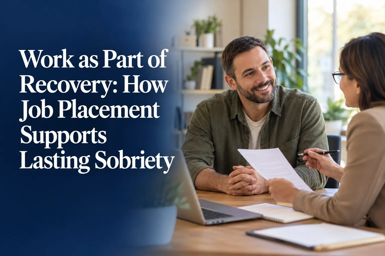 Person in recovery working at job with supportive coworker, representing employment's role in maintaining sobriety